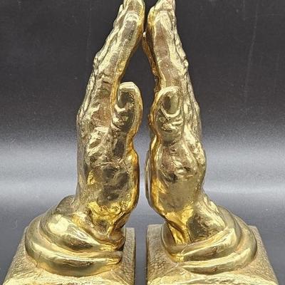Gilt Ceramic Praying Hands Bookends, Heavy