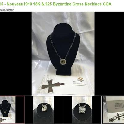 Lot # : 15 - Nouveau1910 18K &.925 Byzantine Cross Necklace COA 
Live Webcast Auction 
Byzantine Cross Necklace COA Crafted from 18K gold...