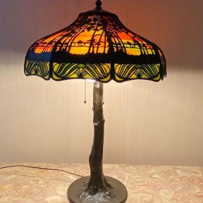 Handel Multicolored Slag Glass Lamp in the Palm Tree Pattern , signed top and base