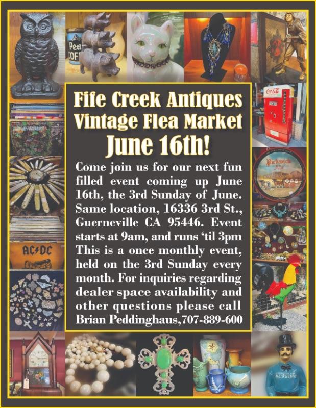 Fife Creek Vintage Flea Market Guerneville returns Father’s Day June