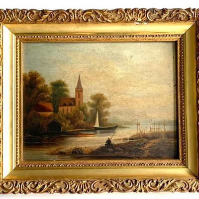 Small antique o/b  painting signed Carrie M. Hopkins, sight 7x9”