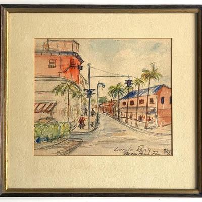 Vtg. 1950's water color sketch of Lincoln Road, Miami Beach, Florida