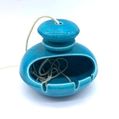 Unused mid century hanging ashtray in turquoise crackle glaze