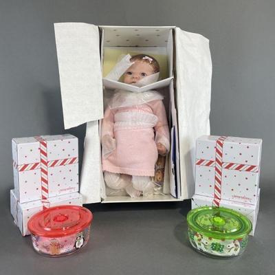 Lot 43 | My Baby Girl Doll and Christmas Glass Bowls
