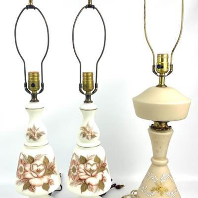 #132 • Hand Painted West German Satin Glass Table Lamps and Single Hand Painted Floral Lamp with Ornate Granite Base
https://www.lux.bid