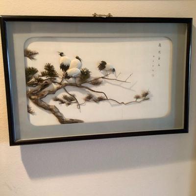 Asian Bird art with feathers, sticks,
