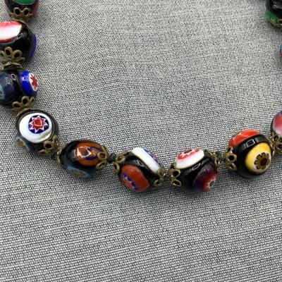 Venetian Murano Millefiori Confetti Multi Colored Hand Knotted Necklace With Brass Caps