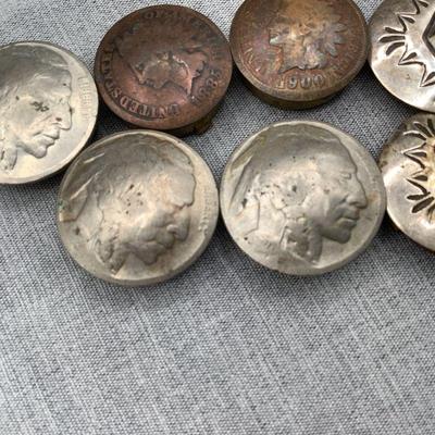 3 Indian Head Nickels & 2 Indian Head Pennies Made Into Button Covers,