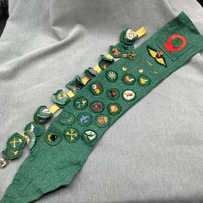 Vintage girl scout sash, badges, patches