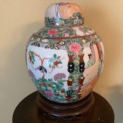 Antique Chinese 10 Inch Po Chu Jar With Lid And Rosewood Stand