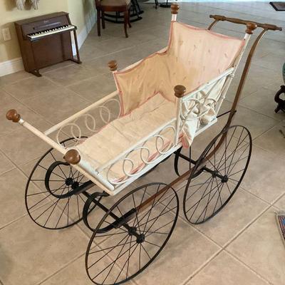 Antique Victorian Pram Wood And Wicker Baby Buggy With Large Wire Wheels, Circa 1880