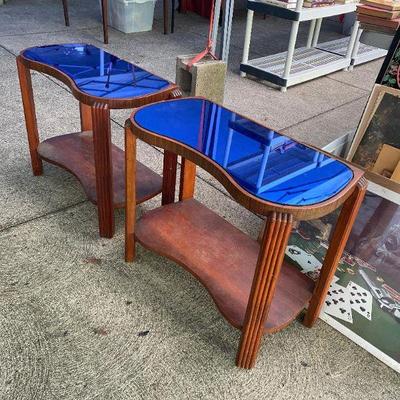 Art Deco end tables with blue glass