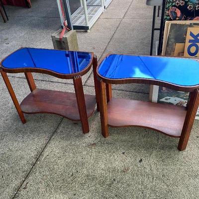 Art Deco end tables with blue glass