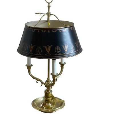 BRASS BOUILLOTTE LAMP W HAND PAINTED TOLE SHADE