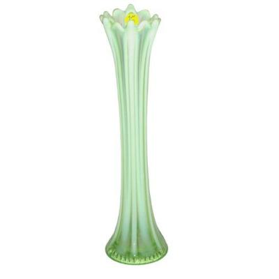 TALL URANIUM SWUNG GLASS GREEN OPALESCENT VASE