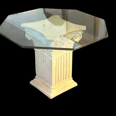 CORINTHIAN PEDESTAL AND GLASS DINING TABLE