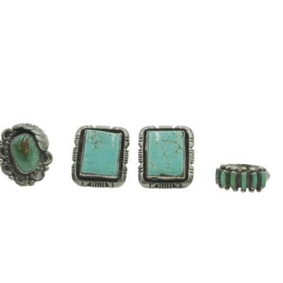 5 STERLING & TURQUOISE NAVAJO RINGS - EARRINGS - BROOCH