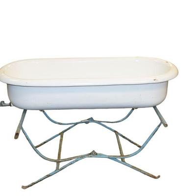ANTIQUE FRENCH ENAMEL INFANT TUB ON STAND