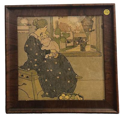 ANTIQUE FRAMED LITHOGRAPH OF "BYE, BABY BUNTING" BY MARY LOUISE SPOOR