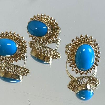 2 VINTAGE 18K GOLD PERSIAN BLUE STONE RING & EARRINGS