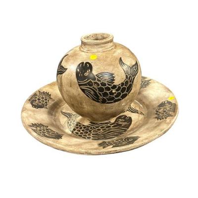 LARGE KOI POTTERY CHARGER & VASE
