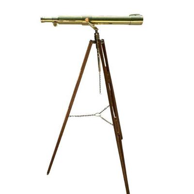 BRASS TELESCOPE ON TRIPOD WOOD STAND