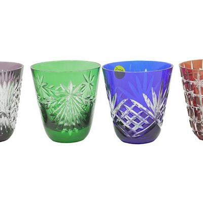 4 BOHEMIAN COLORED CUT CRYSTAL DOUBLE OLD FASHIONED GLASSES
