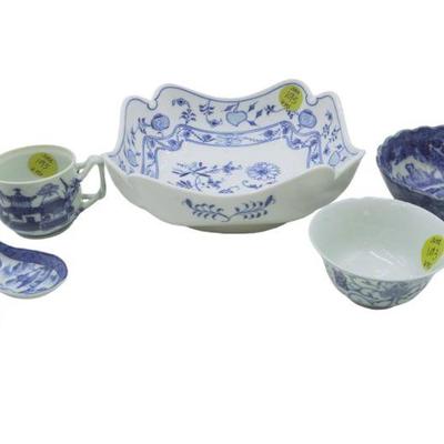 MEISSEN BLUE ONION BOWL AND OTHER PORCELAIN - 6 PIECES