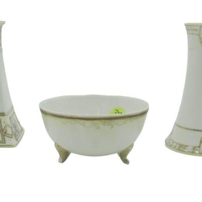3 HAND PAINTED NIPPON HAT PIN HOLDERS & BOWL