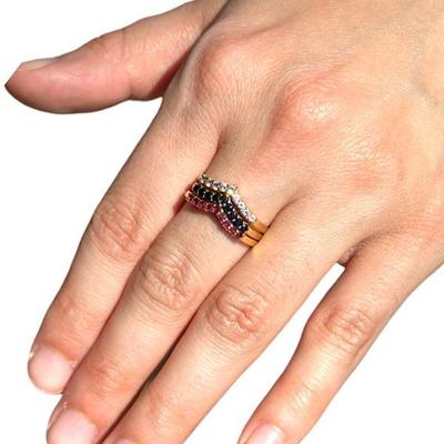 18k TRIO STACK RING SAPPHIRES RUBIES DIAMONDS