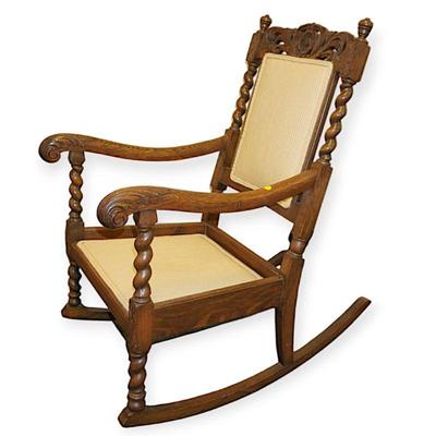 ANTIQUE ENGLISH OAK BARLEY TWIST ROCKING CHAIR