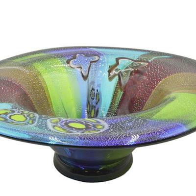 LARGE BLOWN ART GLASS AVENTURINE MILLEFIORI BOWL