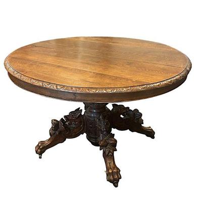 ANTIQUE FRENCH OAK HUNT TABLE FOX HEADS