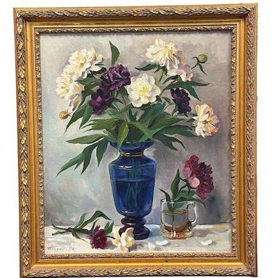 STILL LIFE OIL ON BOARD PEONIES IN COBALT VASE
