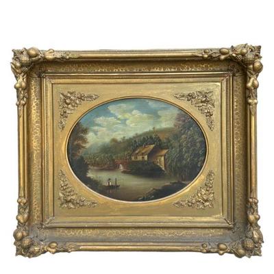 ANTIQUE OIL ON TIN PASTORAL LANDSCAPE