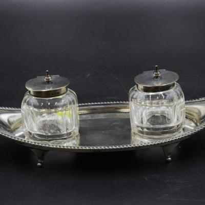 19th c ENGLISH STERLING DOUBLE INKWELL ON STAND