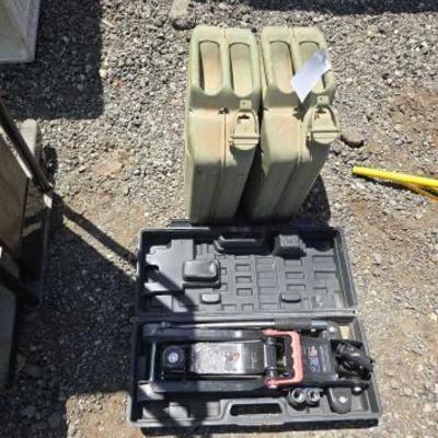 #80116 • (2) Metal Gas Cans & GM 2.5 Ton Jack

