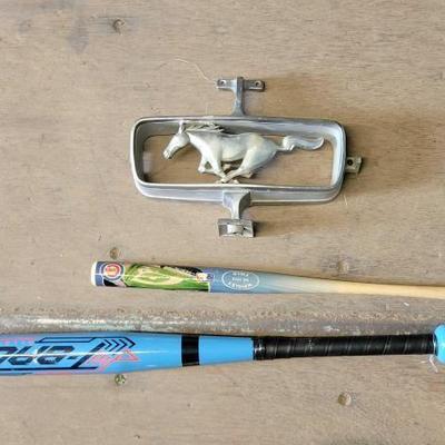 #3048 • (2) T-Ball Bat and Mini Wood Bat & 1960s Mustang Grill Emblem
