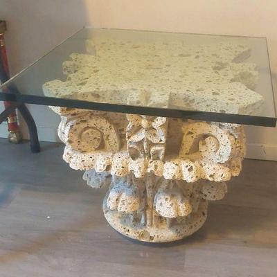 Stone Column Top Thick Glass Topped Heavy Side Table
