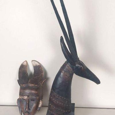 African Handcarved Wooden Mask and Antelope Sculpture
