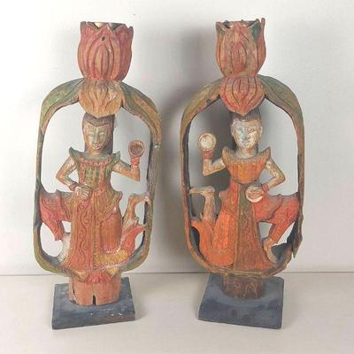 Vintage Thai Large Handcarved Buddha Candlestick Holders