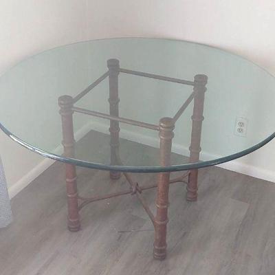 Thick Glass Topped Metal Base Kitchen Dining Table