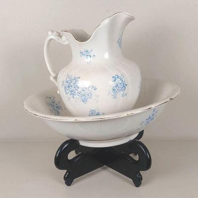 Antique Sebring Water Basin And Pitcher With Wood Stand.