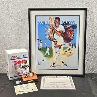  Willie Mays Baseball Lot - Autographed Lithograph Signed by Player & Artist 494/1000 w/ COA - Plus Figurine