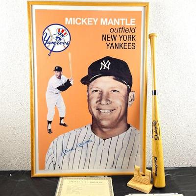  Large Framed Limited Edition Lithograph Autographed by Mickey Mantle 467/1000 Plus Signed Rawlings Baseball Bat