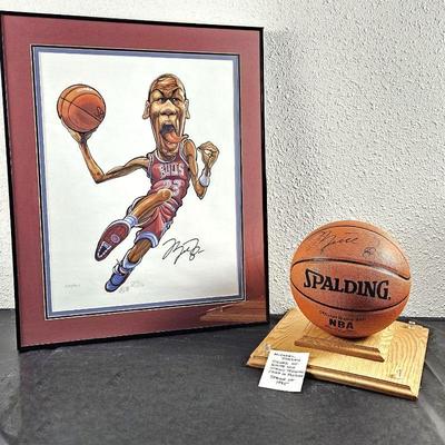 Michael Jordan Framed/Signed Lithograph by Ted Crow LE 3147/5000 - Autographed Basketball in Display Case