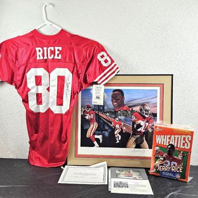 Jerry Rice Lot- Signed 49ers Football Jersey / Limited Edition Signed Lithograph / Wheaties Box - All w/ COAs
