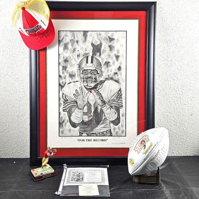 Jerry Rice Autographed Lithograph LE 283/500 - Autographed Football & Superbowl XXII Cap plus Figurine