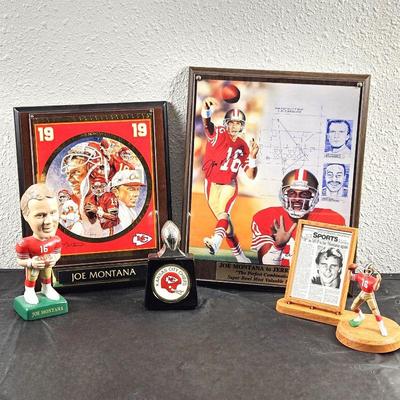 Joe Montana & Jerry Rice Football Lot- Signed Color Photo, Montana Bobblehead, Superbowl MVP Plaque