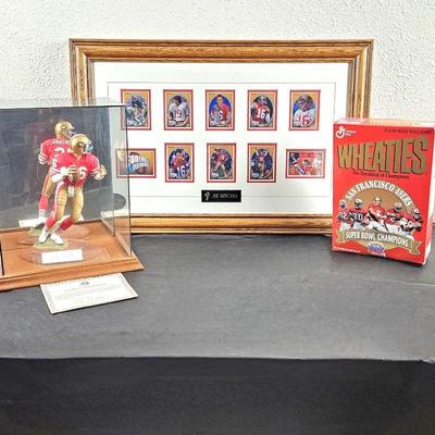  Joe Montana Collector's Piece Framed Collage of Trading Cards - 12" Figurine in Glass Display Case - Wheaties Box